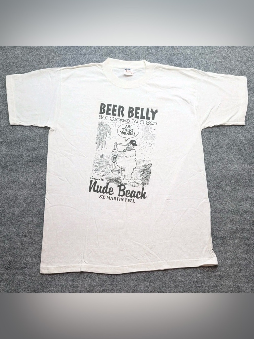 Nude Beach St Martin Beer Belly Cartoon White T-Shirt Size 2XL Vintage